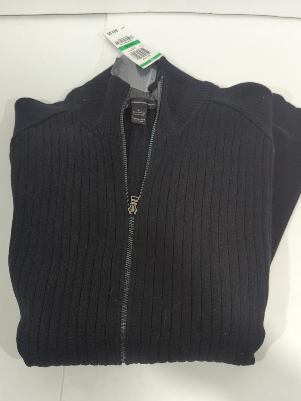 INC International Concepts Black Ribbed Full-Zip Sweater